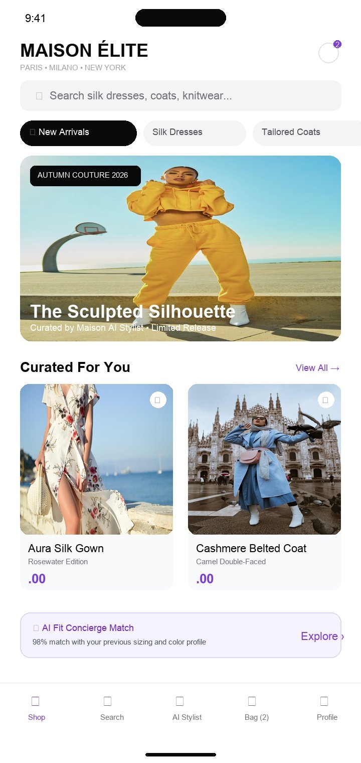 High fidelity mobile app screen creator displaying modern discovery feed with product cards
